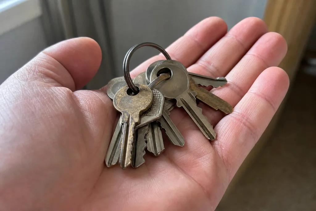 En hand håller ett gammalt nyckelknippan med flera använda nycklar i ett inomhusmiljö.