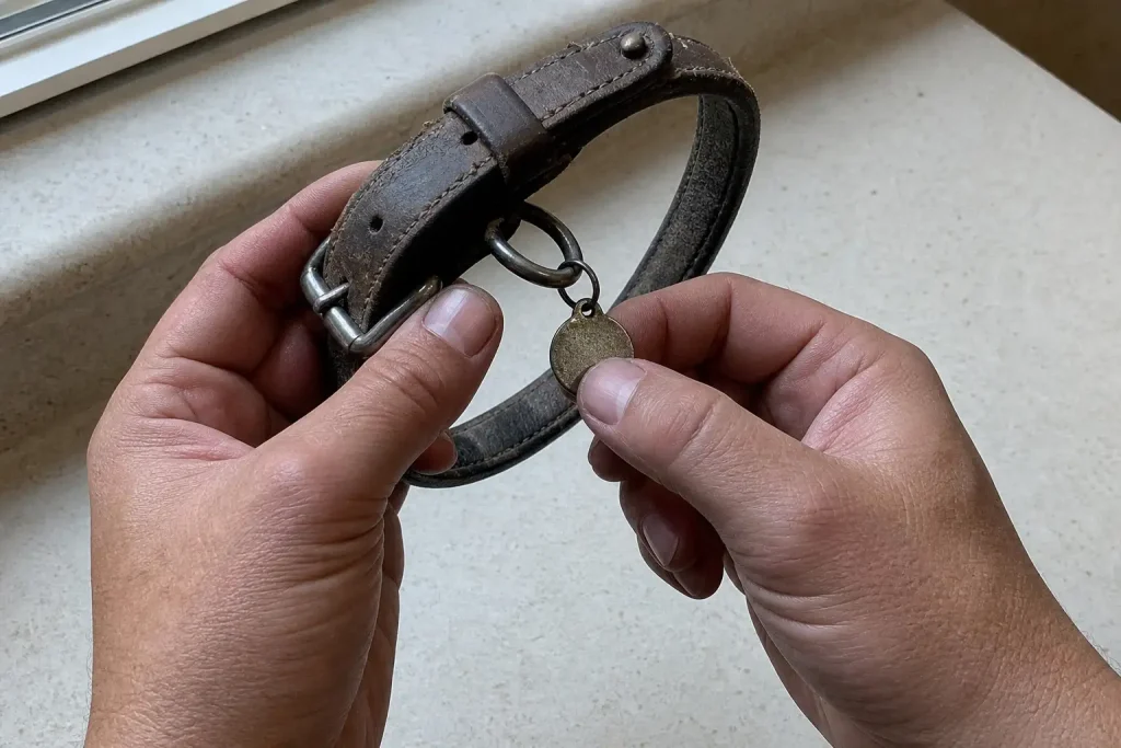 Händer håller ett slitet hundkoppel med metallbricka medan polisen söker nymfkakadua-ägare.