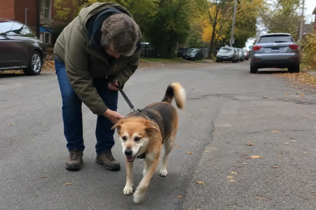 En hundägare böjer sig ner mot sin hund på en trottoar under en promenad en molnig dag.