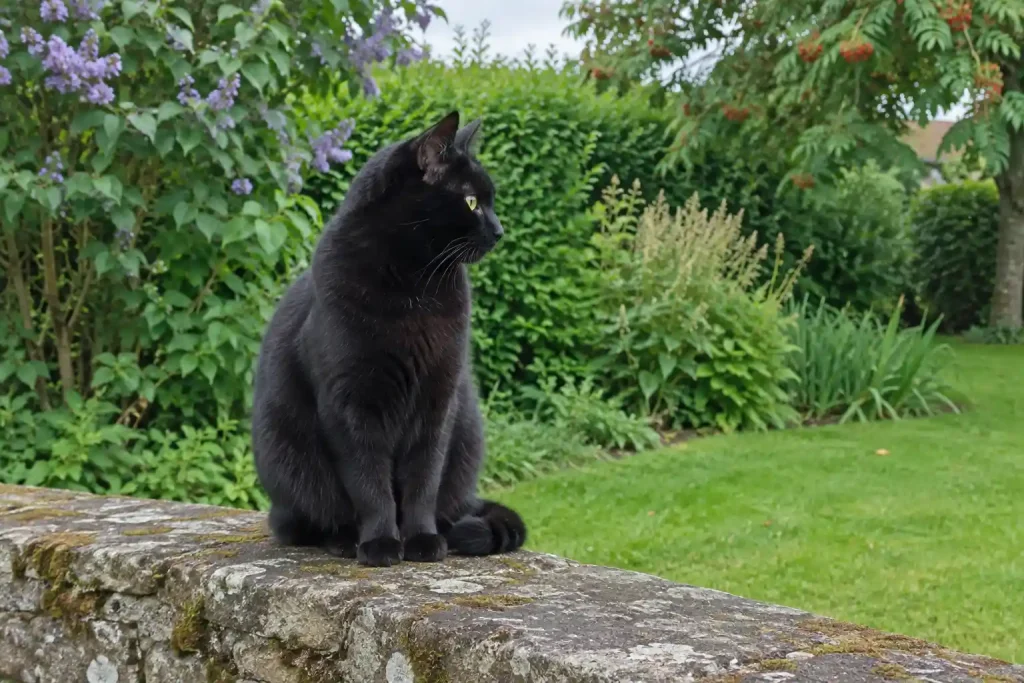 En svart katt sitter på en gammal stenmur i en grönskande trädgård