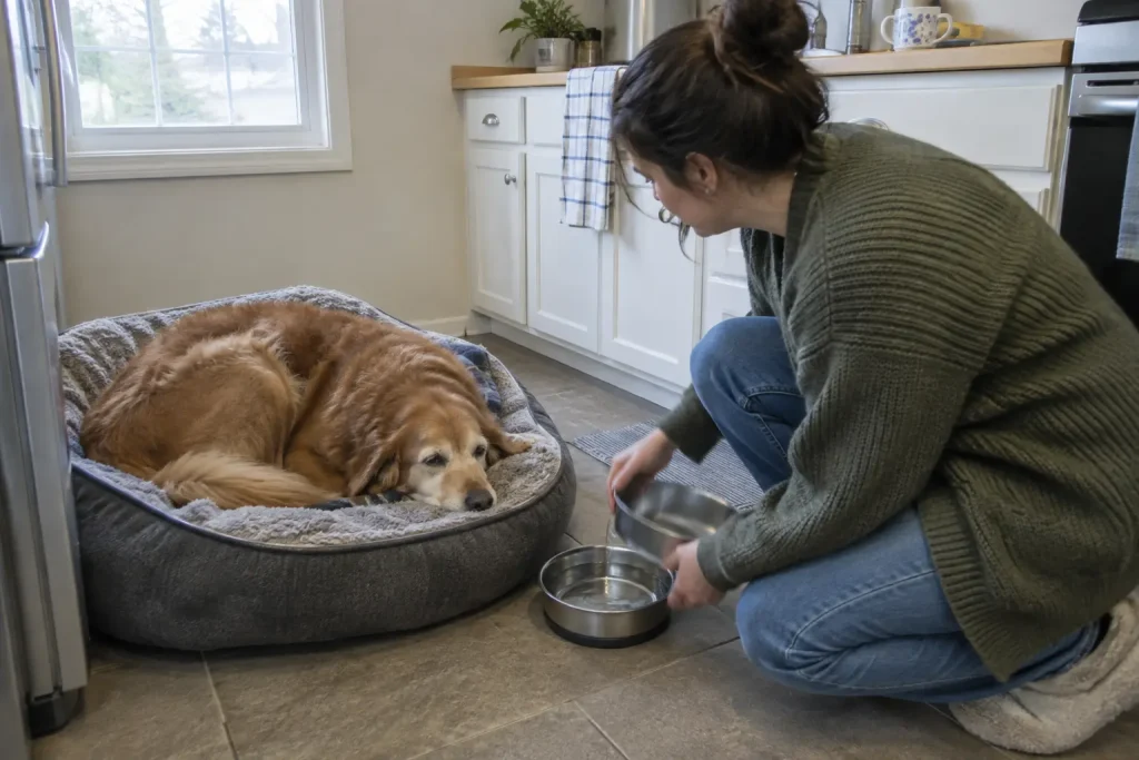 En kvinna fyller på vatten åt en tillbakadragen hund i köket, en vardaglig bild kopplad till