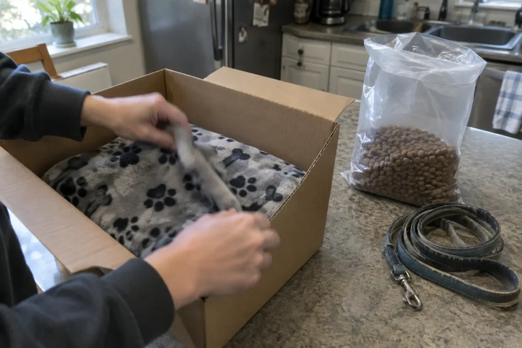 Ett par händer viker en hundfilt och packar ner den i en kartong tillsammans med foder och koppel.