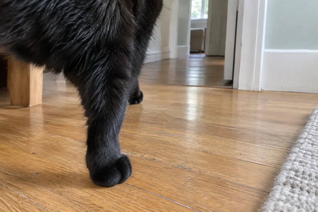 En svart katt går lugnt över ett trägolv, bild om svart katt otur