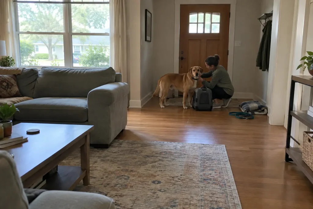 Hund vid koppel och resväska i vardagsrummet, kvinna justerar kragen. Tänk på detta innan du lämnar bort husdjuret.