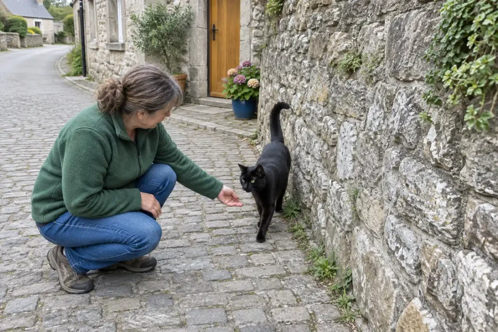 Kvinna sträcker ut handen mot en svart katt som tryggt närmar sig, trots tron på svart katt otur