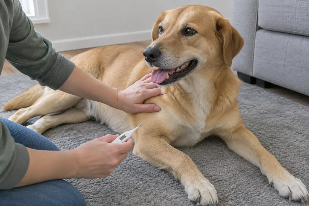 En hund som flåsar får sin andning och temperatur kontrollerade av en person med termometer
