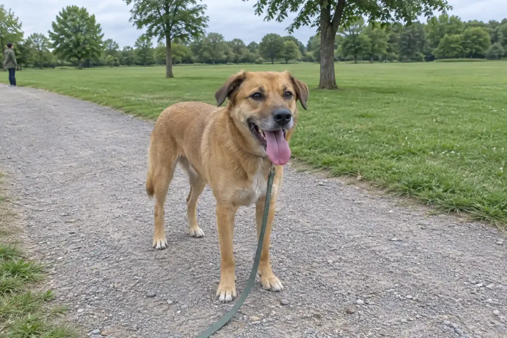 En brun hund som flåsar med tungan ute efter en springtur på en grusad parkstig