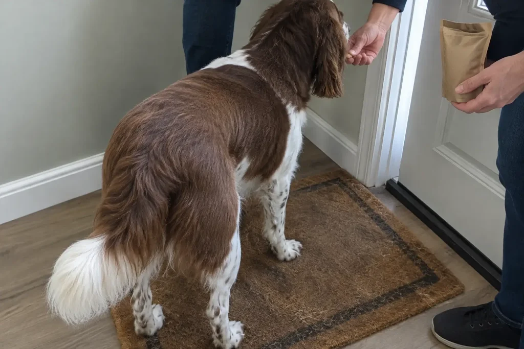 Händer ger en godbit till en skällande hund som står på dörrmattan vid ytterdörren