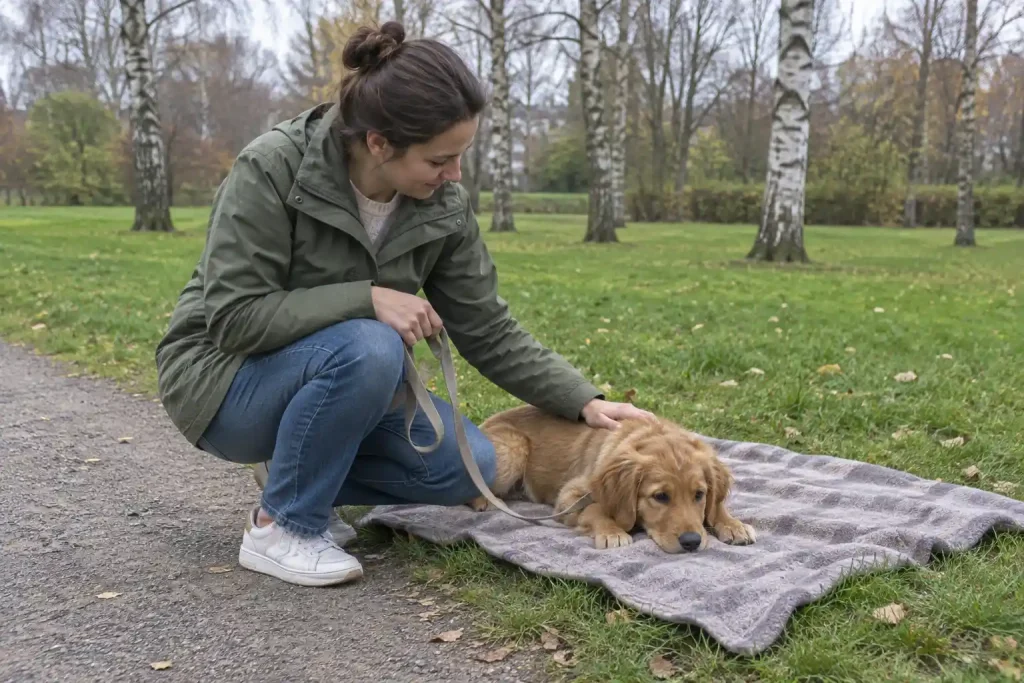 Kvinna i grön jacka klappar lugn valp på filt i en park, passivitetsträning hund