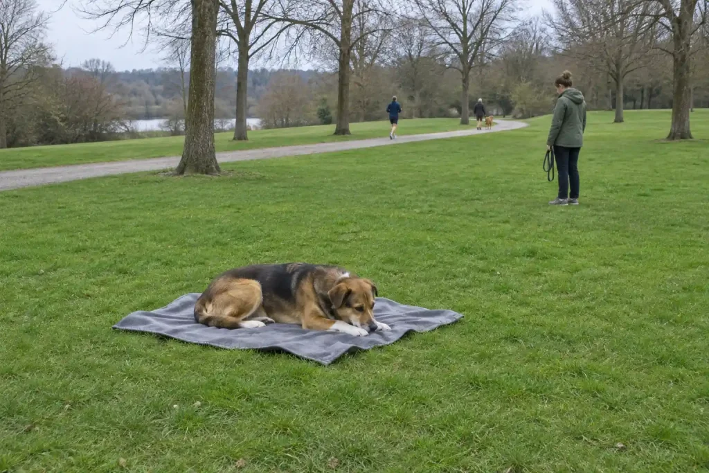 Hund vilar på filt i en park under passivitetsträning hund, med ägaren stående en bit bort