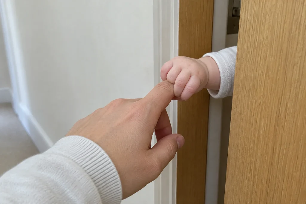 Bebis hand håller om förälderns finger vid en dörrkarm, ett vardagligt ögonblick vid separationsångest