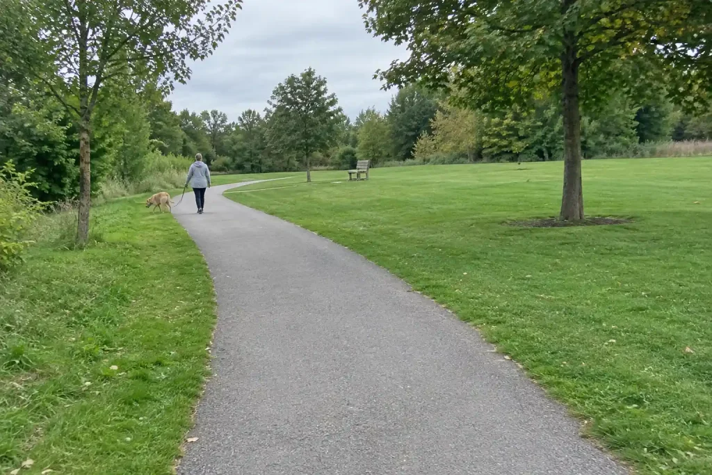 Lugn promenad i parken med hund, ett exempel på hundens stresslindrande