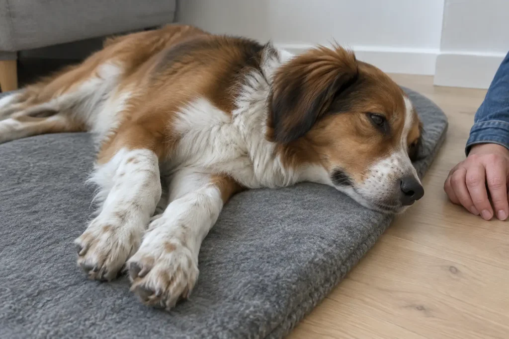 Brun och vit hund vilar lugnt på en filtmatta under passivitetsträning hund hemma