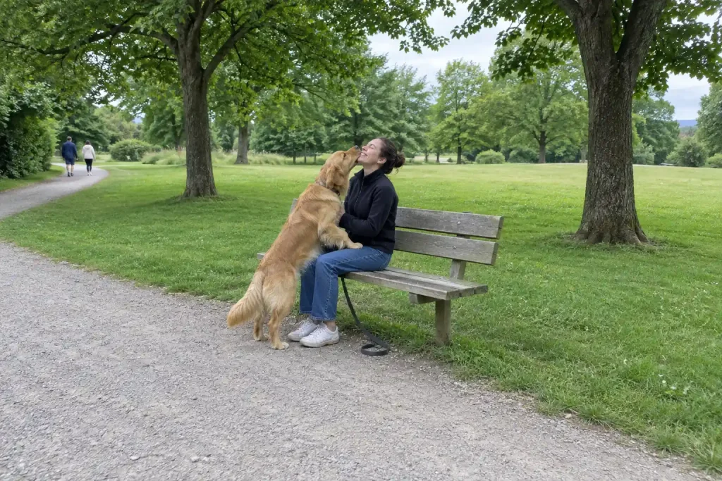 Den sloppy sanningen: Varför hundar älskar att slicka ansikten, gyllene hund vill pussa kvinna på parkbänk